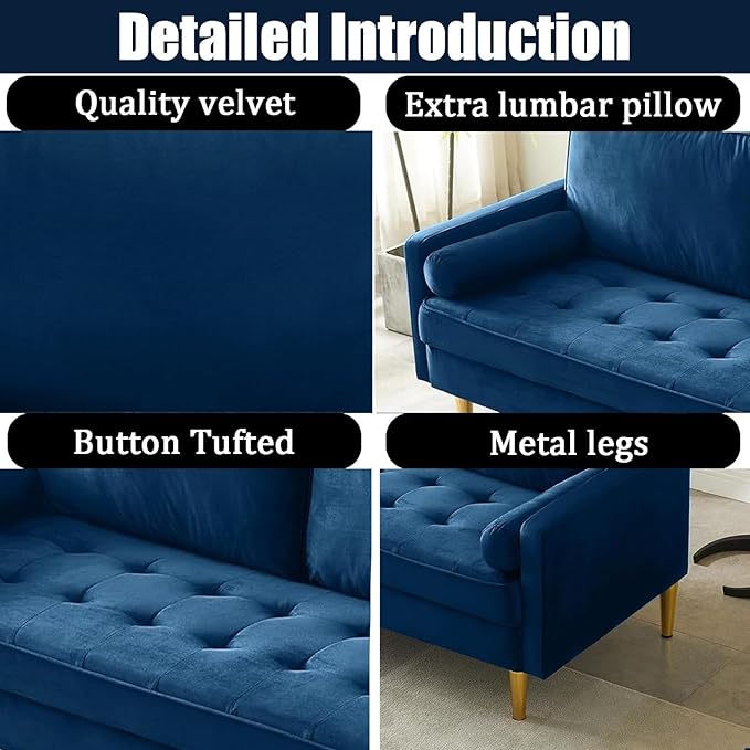 Modern Navy Tufted Velvet Loveseat Futon Club Two Seater Sofa Compact for Living Room Studio Office Dormitory Breathable Spring Small Sofas for Entertainment Room Suitable Bedroom (67 Navy)