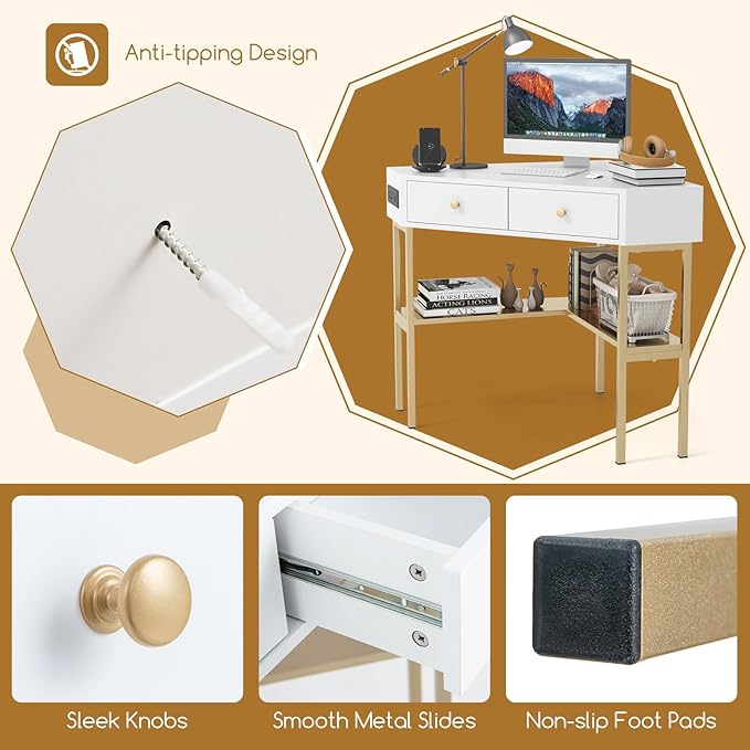 Tangkula Corner Desk with 2 Drawers &amp Built-in Charging Station 90 Degrees Triangle Corner Computer Desk for Small Space Bedroom Makeup Vanity Desk with Storage Shelves Corner Desk (Gold &amp