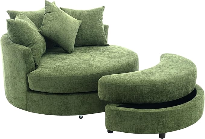 360° Swivel Accent Barrel Chair with Storage Ottoman Modern Linen Leisure Chair Round Accent with 4 Pillows Metal Base Bucket Design Leisure Loung for Living Room (Green * Ottoman)