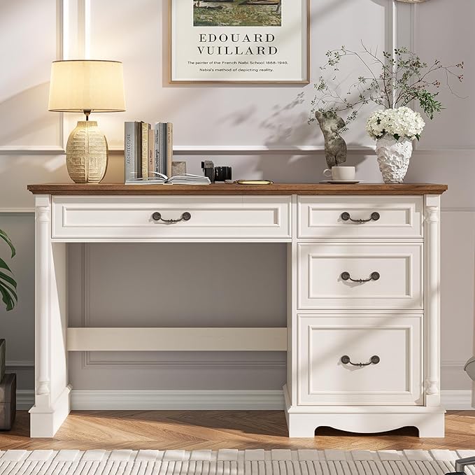 Farmhouse 47 Executive Desk with File Drawer4 Drawers Roman Style Computer Desk with Roman Column Designfor Study Home Office Writing.