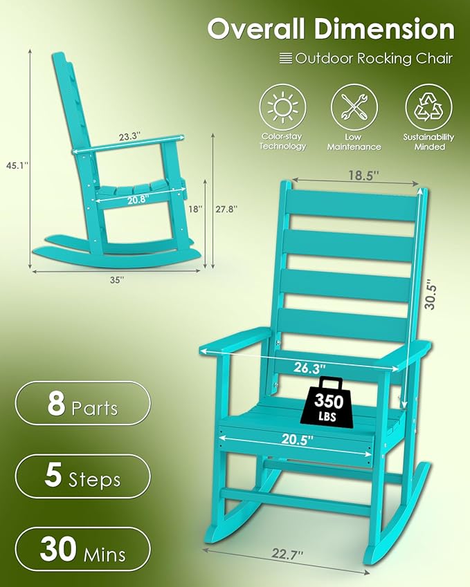 GREENVINES Outdoor-Rocking-Chair | HDPE Plastic | Patio Rockers | Porch Rocker Chairs | Shaker | Oversized | High Ladder Back | Big &amp Tall | PentaLuxe |Aqua