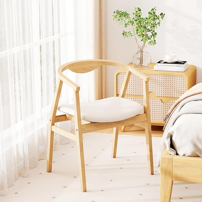 KOMFOTT Bamboo Accent Chair Mid Century Modern Armchair with Barrel Back &amp Soft-Padded Seat Upholstered Lounge Chair with A-Shaped Frame for Living Room Bedroom Reading Room Beige