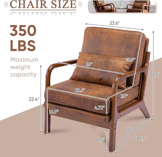 Accent Chair - Mid-Century Modern Chairs Living Room Furniture Set Bedroom Reading Solid Wood Arm Chair w/Lumber Pillow Comfy Cushion Ergonomic Lounge Armchair Office Side Chair (Coffee Set of 1)