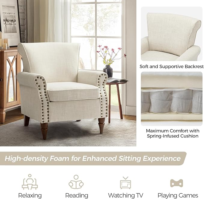 HULALA HOME Accent Chair with Wood Legs &amp Removable Cushion Modern Wingback Armchair with Nailhead Trim Comfy Upholstered Lounge Chair Single Sofa Chairs for Living Room Bedroom Ivory