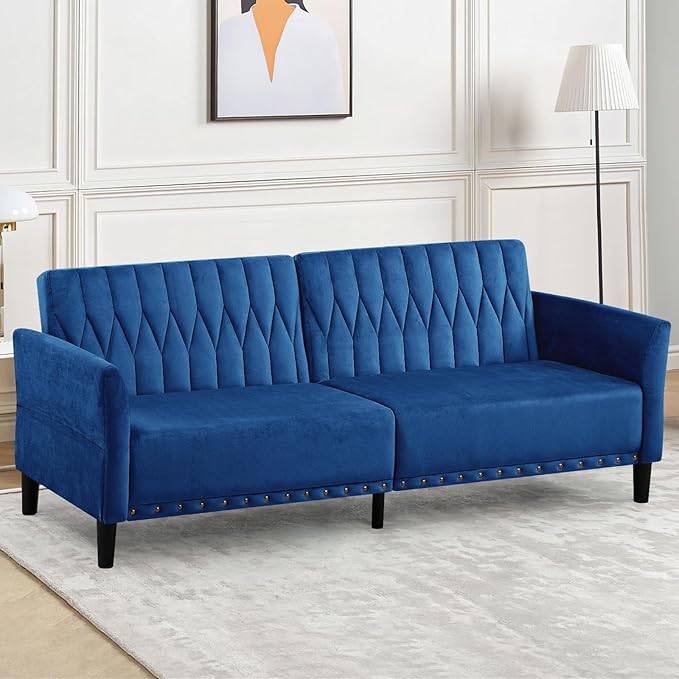 77” Velvet Sofa Bed with Adjustable Armrests and BackrestsTufted Convertible Futon Couch with Nailhead Trim Loveseat Modern Velvet Sleeper Sofa for Living RoomBedroomOfficeBlue