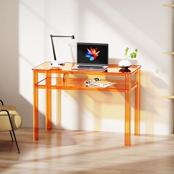 Clear Acrylic Desk with Open Storage Home Office Computer Writing Desk Office Study Table (Orange 39.4'' x 19.7'' x 29.5'')