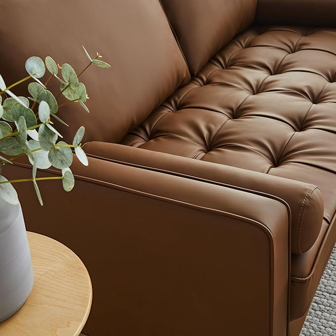 Modway Valour 62 Inch Faux Leather Loveseat in Brown – Wide Faux Leather Loveseat Sofa with Wood Legs - Small 2-Seater Sofa with Tufted Seat for Living Room or Office