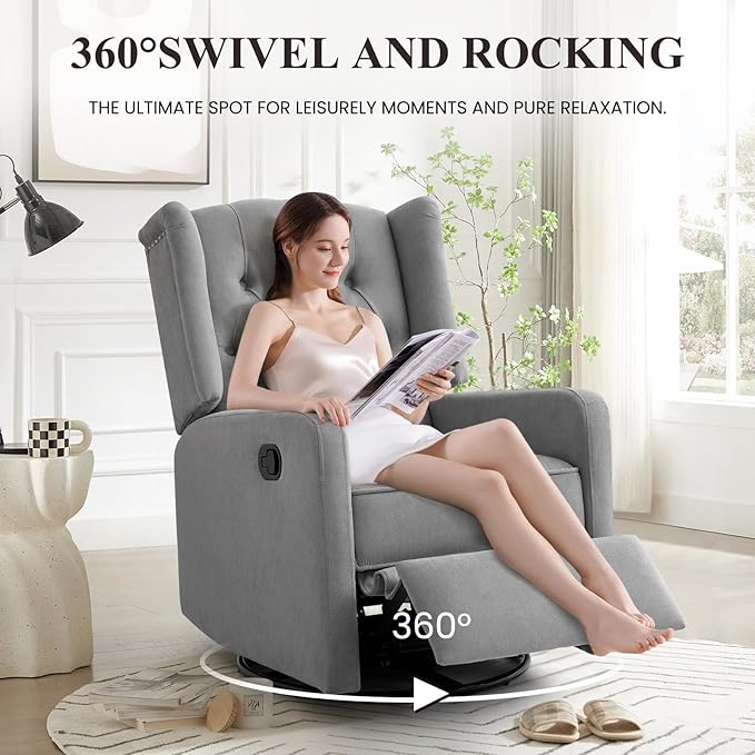 360 Swivel Rocker Recliner Chair for Adults Nursery Chair for Small Spaces Living Room Upholstered Fabric Glider Recliner Grey