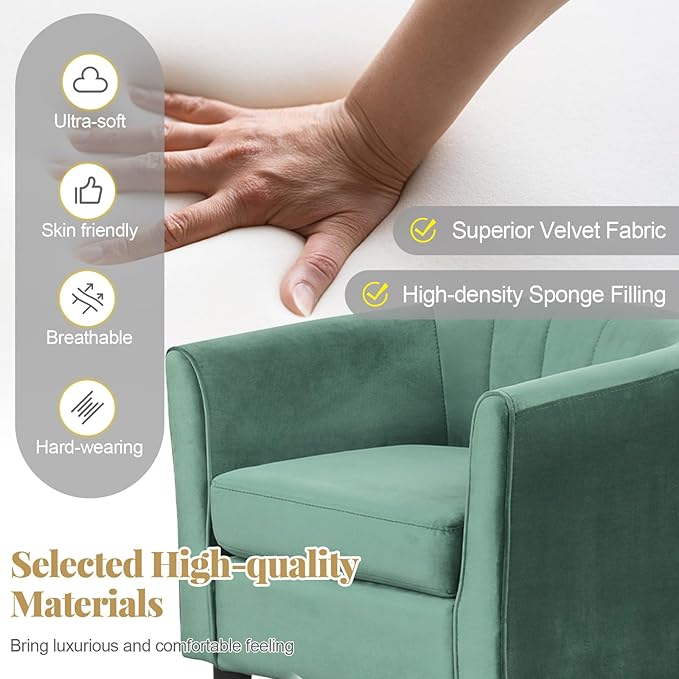 GOFLAME Accent Chair with Ottoman Modern Velvet Fabric Barrel Chair with Footrest Curved Backrest Removable Seat Cushion Upholstered Club Tub Sofa Reading Armchair for Living Room Bedroom Green