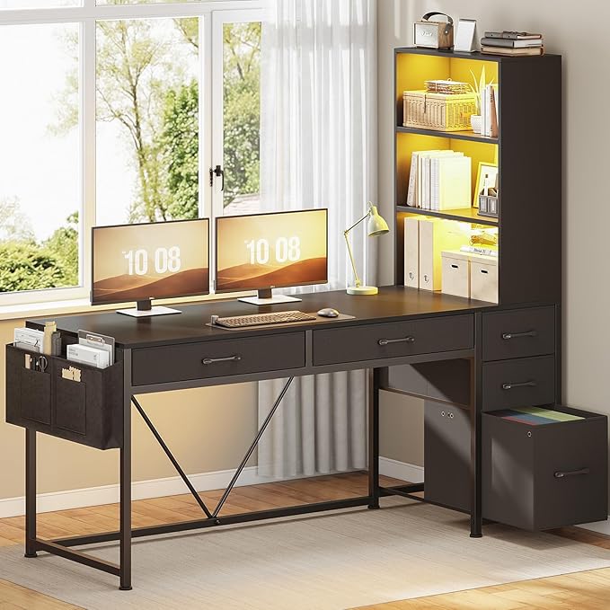 SEDETA Computer Gaming Desk with 5 Drawers and Bookshelf Reversible Home Office Desk with Storage Shelves and File Drawer Corner Desk with LED Lights for Small Spaces Black