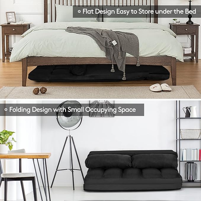 Giantex Adjustable Floor Sofa 6-Position Foldable Lazy Sofa Bed Durable &amp Stable Suede Floor Seating Couch with 2 Pillows (Black)