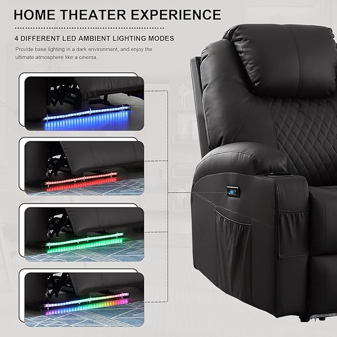 Power Recliner Chair with Heat and Massage PU Leather Home Theater Seating with LED Lights/Cup Holders/Side Pocket/USB Port Reclining Sofa Chair for Living Room (2 Black)