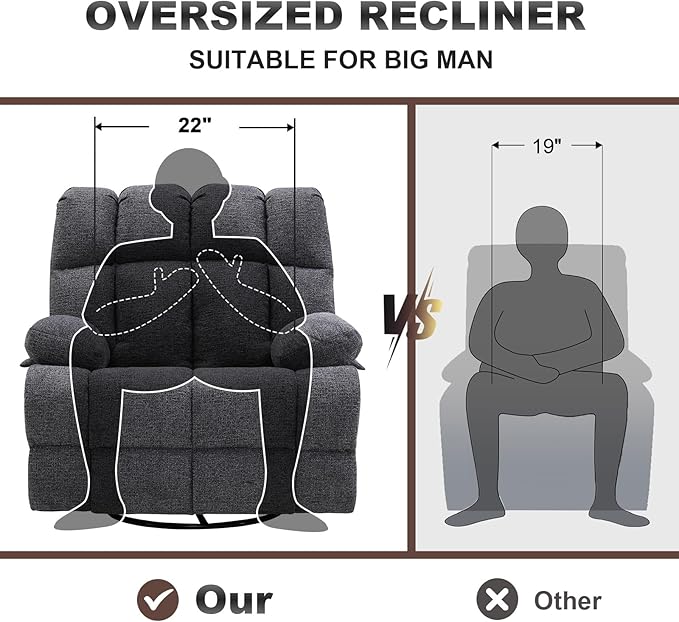 Oversized Swivel Rocker Recliner Chair for Adult Rock Recliner for 350lb Big Man Extra Wide Manual Recliners Overstuffed Soft Rocking Sofa ChairLight Grey