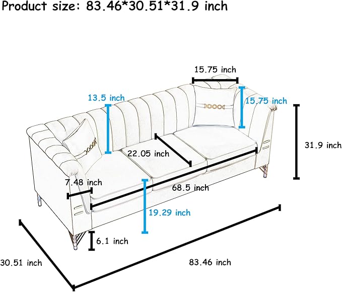 83.46 Upholstered Chesterfield Couch Modern 3 Seater Sofa with Tufted Back and Square Arms Wood Leg Nailhead Sofa for Living Room/Office/Apartment/Small Space Beige Velvet