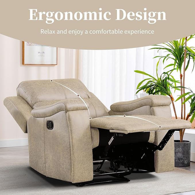 EBELLO Recliner Chair Single Overstuffed Sofa Recliner Breathable Faux Leather Manual Reclining Chairs with Hidden Cup Holder Arm and Back for Adults Living Room Bedroom Beige