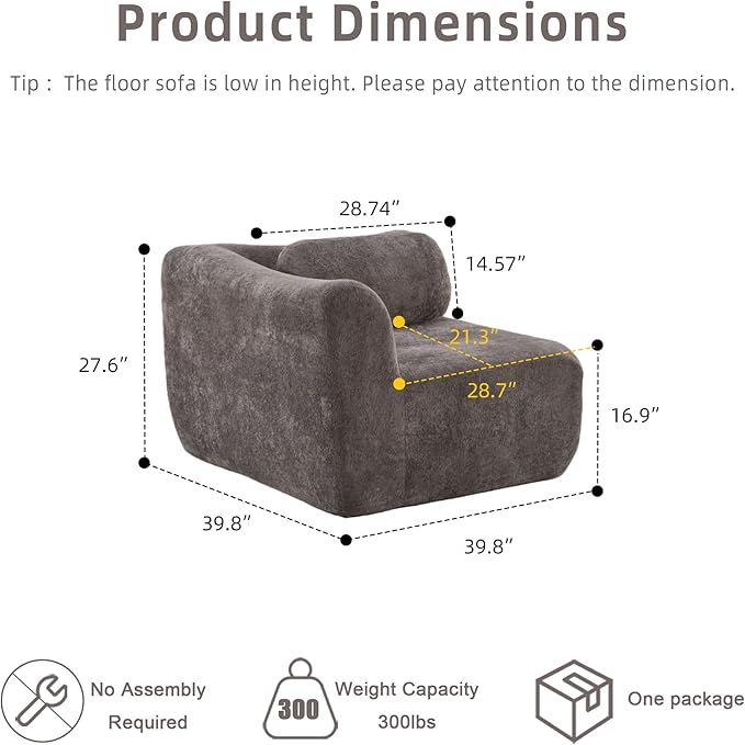 39.8 Boneless Couches for Living Room Cloud Modular Sectional Sofa in a Box Memory Foam Modern Couch Comfy Compressed Sofas No Assembly Corner Dark Grey