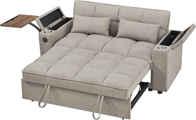 65 Cloud Couch Sleeper Sofa Bed with USB Charging Port &amp Side Pocket Chenille Fabric Pull-Out Sofa with Thick Cushions High Resilience Foam &amp Pillows for Living Room Apartment Small Space