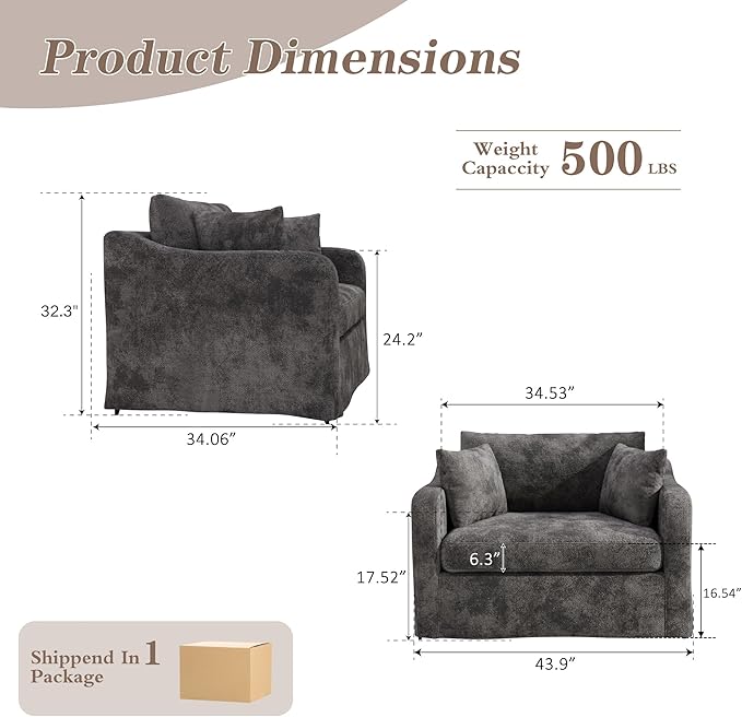 Mlmh &amp Kngwa Chenille Oversized Accent Chair 45.27 Wide Comfy Single Sofa Big Cozy Chairs with 3 Pillows Upholstered Reading Lounge Chair for Living Room Bedroom Charcoal