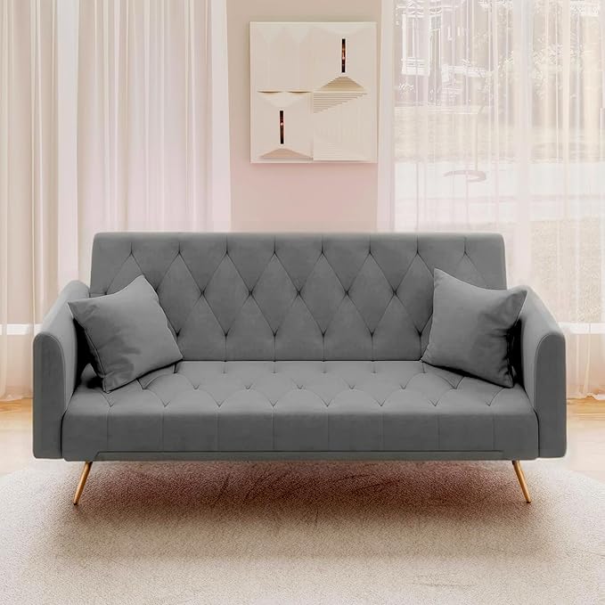 Anwick Modern Velvet Sofa Bed Futon with 2 Pillows2-in 1 Convertible Sleeper Couch BedFolding Recliner Loveseat with Golden Metal Legs for Living Room Apartment Office (Grey)