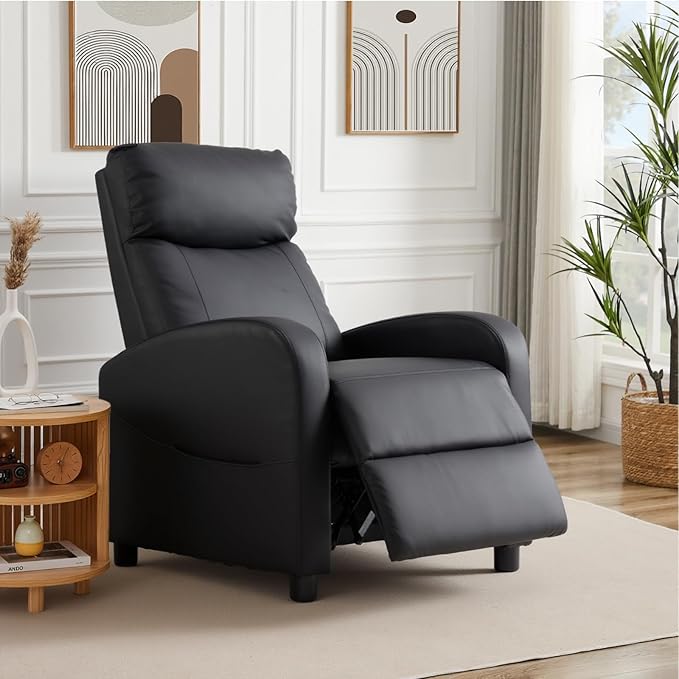 Sweetcrispy Recliner Chair PU Leather Recliner Sofa No Massage Home Theater Seating with Lumbar Support Adjustable Push Back Overstuffed High-Density Sponge Reclining for Living Room Black