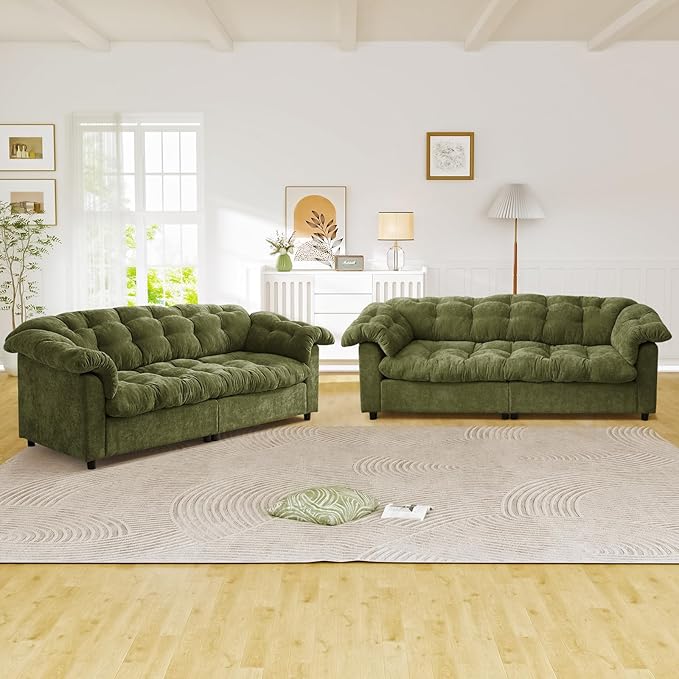 Modern Sofa Couch 94.8 W Chenille Tufted Fluffy Comfy Cloud Couch with Tutfted Design &amp Armrest Pillowchenilles Upholstered Oversized Loveseat Sofa for Living Room Bedroom Office Green