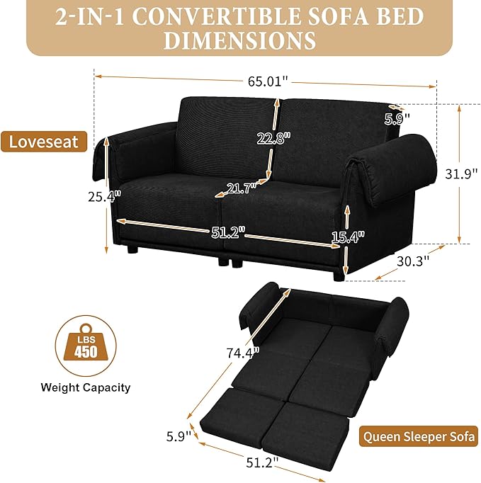 Convertible Sleeper Sofa Bed Pull Out Couch with High-Density Foam Modern Upholstered Loveseat Futon 2-in-1 Full Size Bed for Living Room Apartment Small Space (Black) | Foldable Convertible Bed