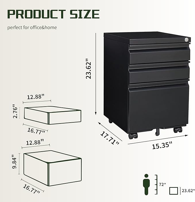 3 Drawer File Cabinet with LockRolling Mobile File Cabinet with Wheels for Home OfficeUnder Desk Metal Filing CabinetOffice Storage OrganizerFully AssembledBlack