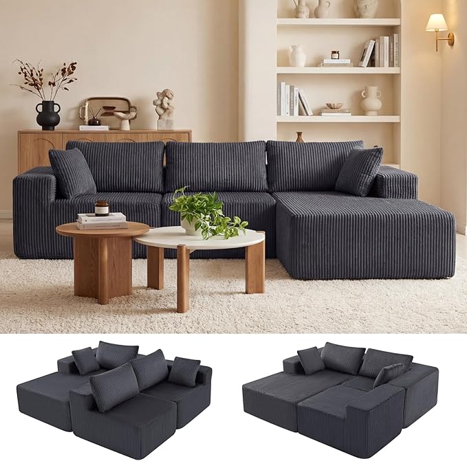 DUMOS 108 Boneless Couch Cloud Sectional Couch with L-Shape Chaise Modular Sectional Sofa with Deep Seat Fluffy Couch for Living Room Bedroom No Assembly Required (Grey Right Facing Chaise)