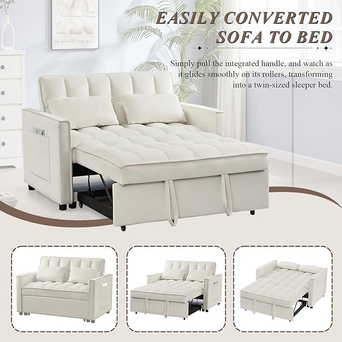3 in 1 Convertible Sleeper Sofa Bed Futon Couches for Living Room with Side Pocket/Adjustable Backrest Velvet Upholstered Pull Out Couch Small Loveseat Sofa Bed for Bedroom Office Small Spaces
