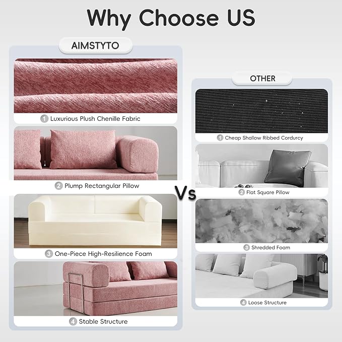 5-in-1 Convertible Folding Sofa Bed 79 Queen Chenille Boneless Couch with Removable Armrests No Assembly Loveseat Sleeper Sofa Modular Futon Couch for Living Room &amp Bedroom (Pink)