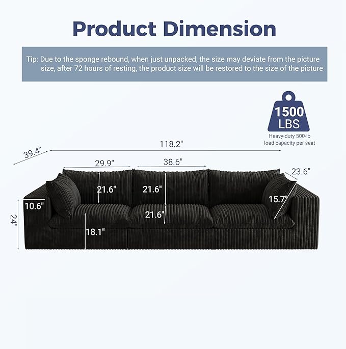 118.2 Modular Boneless Sofa 3 Seater Cloud Sectional Couches for Living Room Deep Seat Corduroy Upholstered Couch Furniture Set No Assembly Required (Black 3 Seater)
