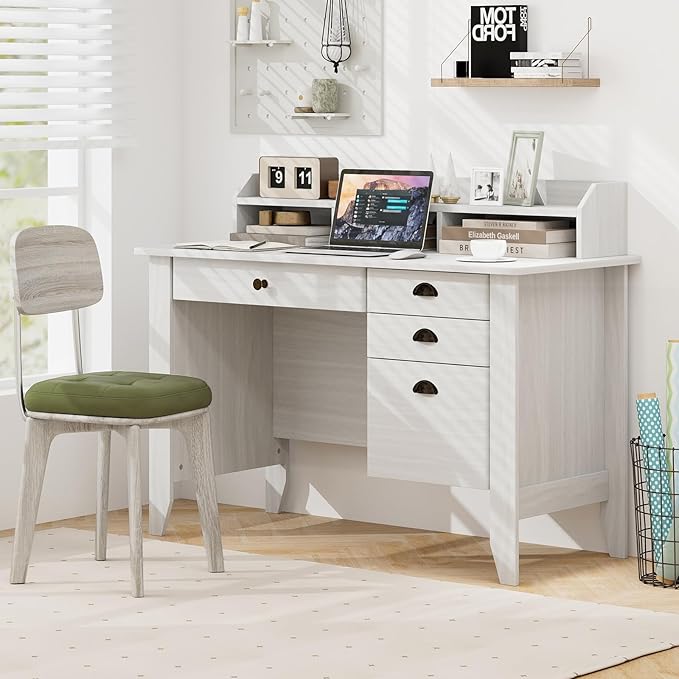 Safeplus 48 Computer Desk with 4 Storage Drawers and Hutch Wood Executive Table for PC Laptop