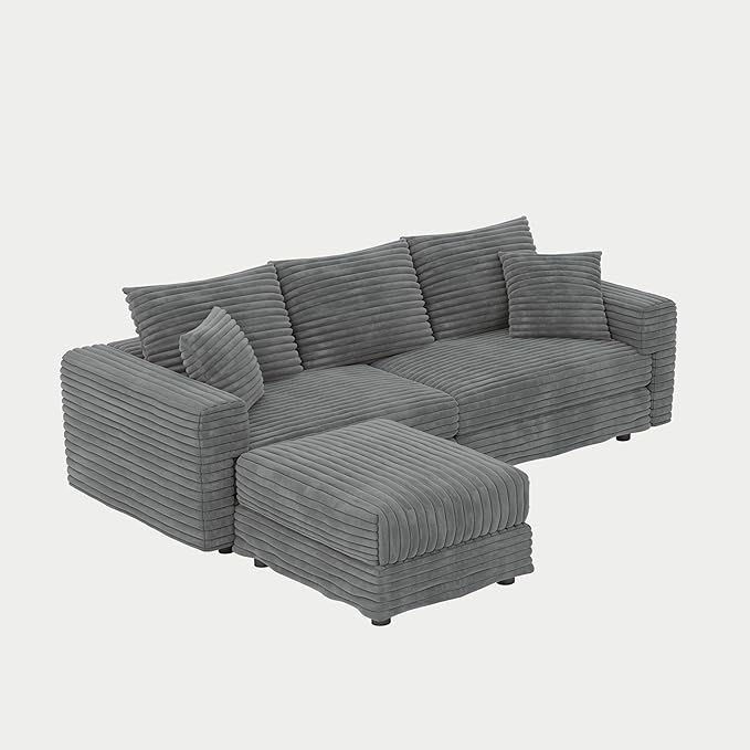 82.7'' Oversized Corduroy Couch Modular Sectional Sofa with Ottoman Upholstered 3 Deep Seat L Shape Sofa Convertible Cloud Couches with Chaise Lounge for Living Room Apartment Gray