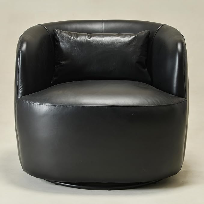KINWELL 33'' W Top Grain Genuine Leather Swivel Barrel Armchair No Assembly Round Upholstered Leather Swivel Accent Chairs with Toss Pillow for Living Room Office Lounge (Black Genuine Leather)