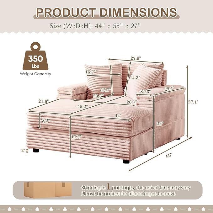 Chaise Lounge Chair Indoor 44 Inch Comfy Corduroy Sectional Cloud Couch Upholstered Single Sofa w/Movable Ottoman for Living Room Bedroom Apartment Pink