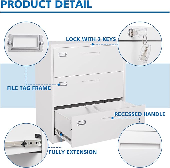 Lateral File Cabinet 3 DrawerMetal Storage File Cabinet with LockSteel Lateral File Cabinet for Legal/Letter A4 SizeWide File Cabinet for Office HomeAssembly Required