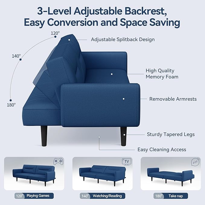 Futon Sofa Bed75.8 Linen Fabric Comfy Futon Couch Bed3 Seater Convertible Sleeper Sofa with Adjustable BackrestsModern Folding Loveseat for Living RoomOfficeApartmentBedroomBlue