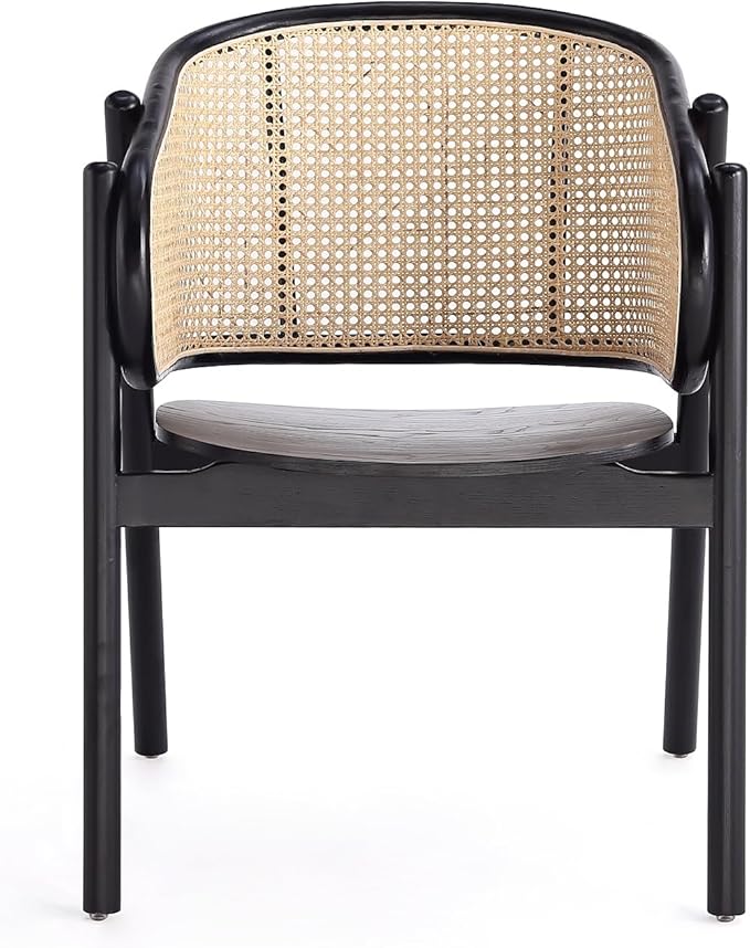 Manhattan Comfort Versailles Rattan Cane Accent Chairs Set of 1 - Solid Ash Wood Frame Ergonomic Curved Seat Fully Assembled Armchair for Living Room Black/Natural
