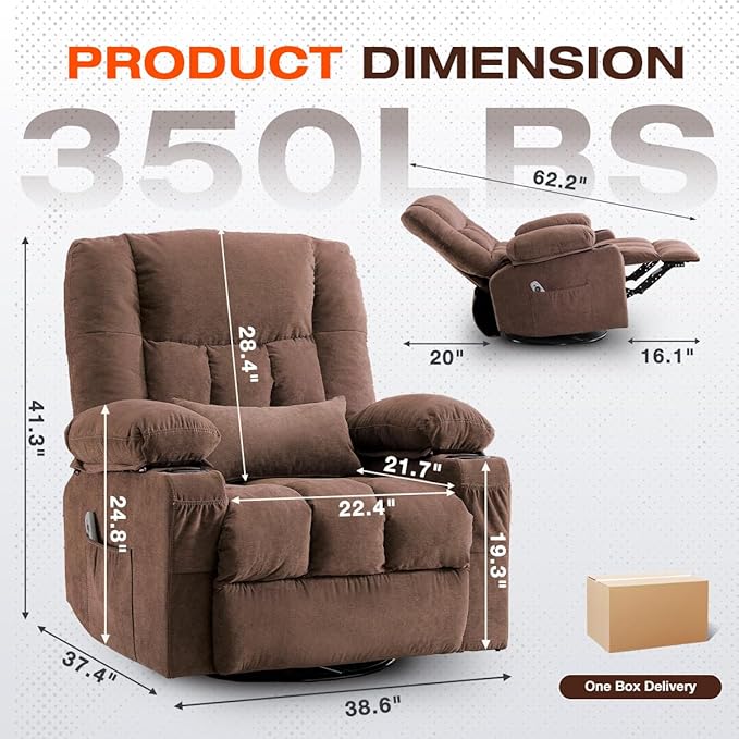 Swivel Recliner Chair for AdultsRocker Recliner with Vibration Massage and Lumbar HeatErgonomic Rocking Chair with Side Pocket2 Cup Holders for Living Room