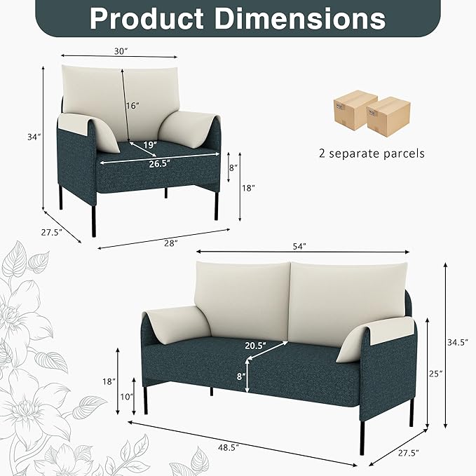 LSSPAID Upholstered Sofa Set for Living Room 2-Piece Loveseat &amp Armchair with Metal Legs Modern Accent Furniture for Apartment Office Small Space Dark Green