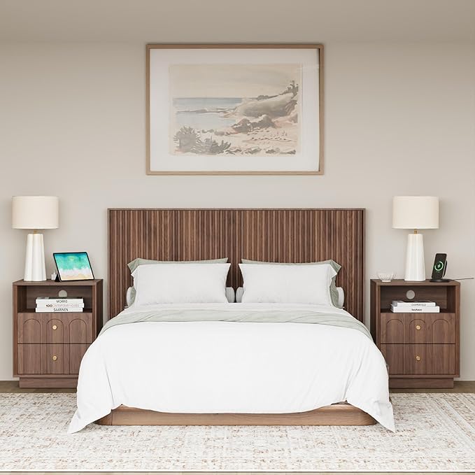 Nightstand with Charging Station Mid Century Modern Nightstand with Arched Design Minimalist End Table with Wood Grain Texture Bedside Table for Bedroom Living Room Sofa Office Walnut