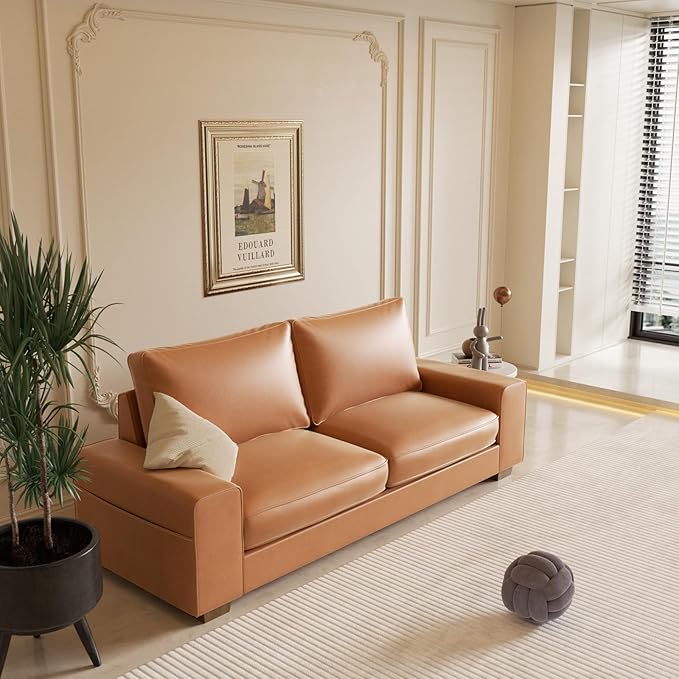 Faux Leather Couch Mid Century Modern Comfy Loveseat Sofa with Wide Arm Side Pockets Solid Wooden Frame for Office Living Room and Bedroom 2 Seater (Brown 71.25 Inches)