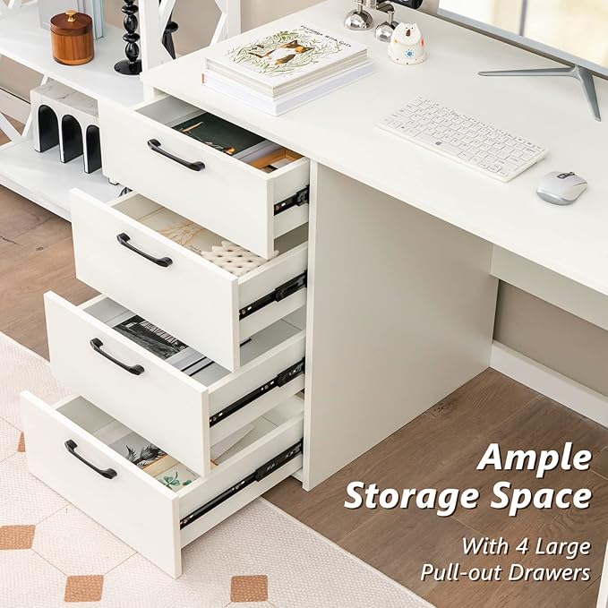 COSTWAY White Computer Desk with 4 Large Drawers Home Office PC Desk Workstation for Writing Modern Computer Table for Bedroom Study Living Room