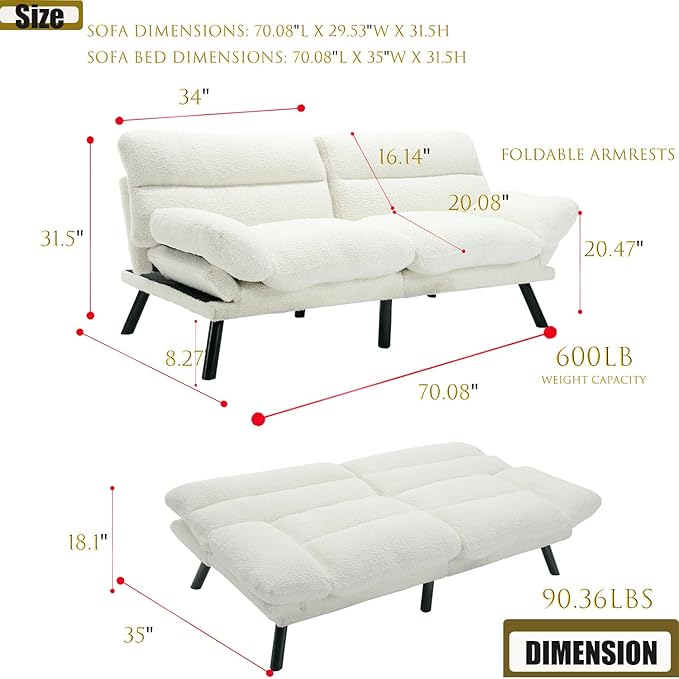 70“Futon Sofa Bed White Convertible Folding Futon Small Couch Breathable SmallUpholstered Double Loveseat Bed for Compact Living Studio in Room and Bedroom Offices Dorm (White Teddy Velvet)