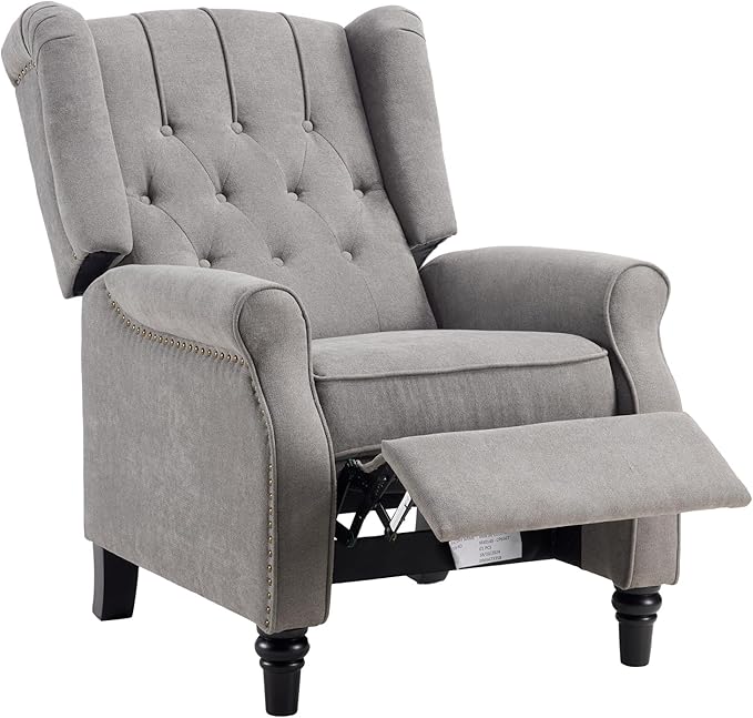 EBELLO Push Back Recliner Chair Fabric Accent Chair Pushback Recliner with Rivet Decoration Button-Tufted Back Mid Century Wingback Armchair for Living Room Bedroom Grey