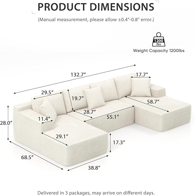 Verano Garden 133 U-Shaped Modular Sectional Sofa Modern Cloud Couch with Double Chaise Comfy Corduroy Couch with Memory Foam Deep Seat Floor Sofa No Assembly Required (Cream White)