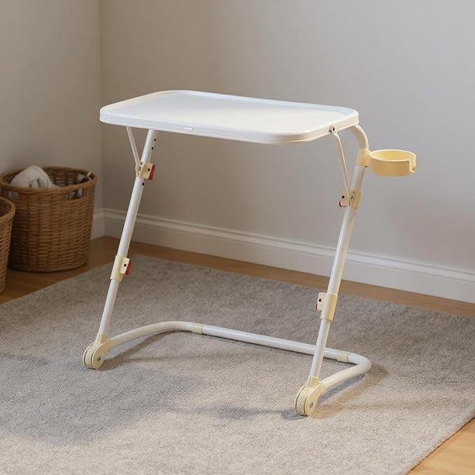 Homy Casa Adjustable Z Shaped Study Desk with Cup Holder Space Saving Portable Laptop Foldable Table for Home Office Living Room &amp Bedroom Sturdy Metal Frame &amp PP Top White