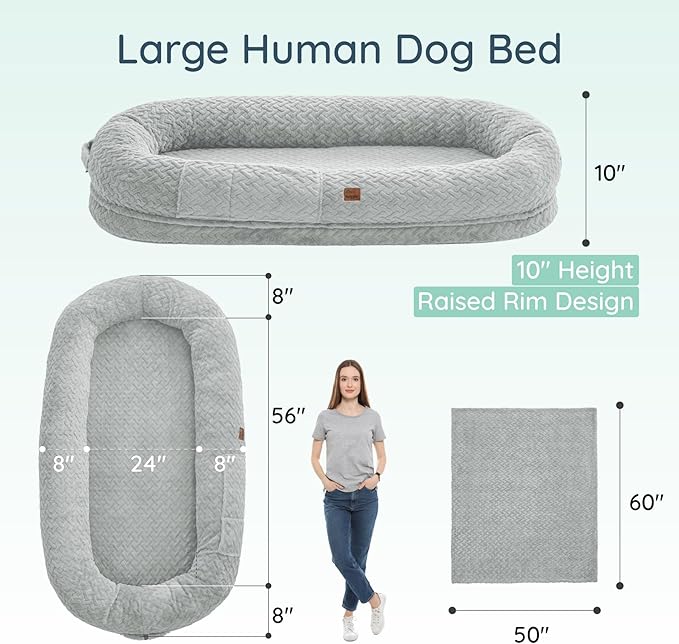 Human Dog Bed for Adult - Luxury Faux Fur Giant Size Dog Bed with Portable Handle Egg Orthopedic Foam with Blanket 72x40x10 Light Grey