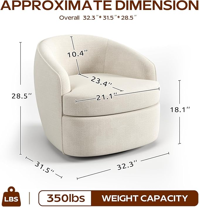 Leyu&ampHafort Modern Beige Swivel Accent Chair with Removable Foam Seat Cushion Linen Upholstered Comfty Sofa for Living Room and Bedroom Reading FSC Certified Solid Wood Base. (Cream Beige)
