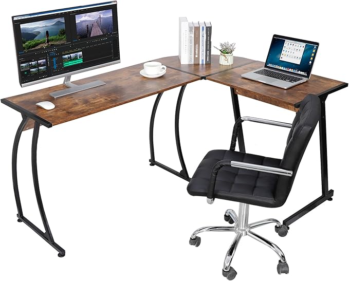 SUPER DEAL L-Shaped Corner Desk Computer Gaming Desk - 58 Inch Modern Home PC Table Office Writing Workstation Rustic Brown